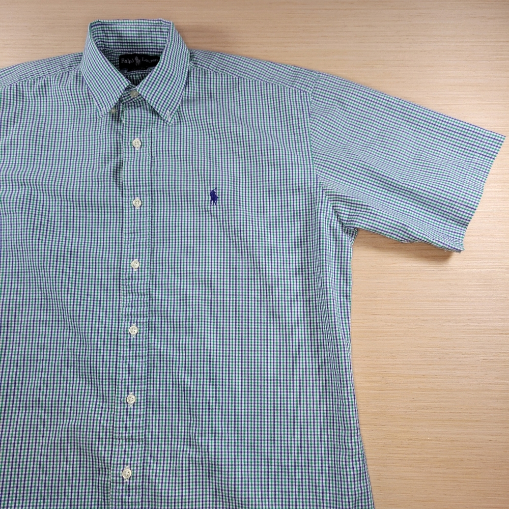Polo Ralph Lauren Blake Gingham Short Sleeve Shirt Mens M Green Purple Preppy - Picture 2 of 8